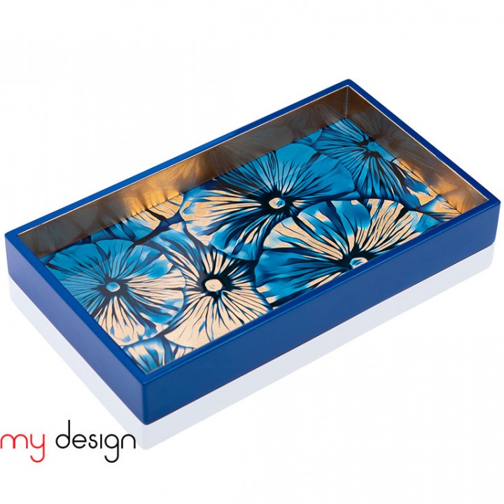 Blue rectangle lacquer tray with water lily leaf pattern 25*40*4 cm